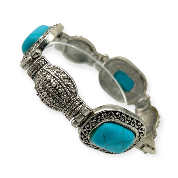 Vintage Balinese Bracelet Turquoise Blue Silver Square Shape Precious Howlite - Picture 1 of 13